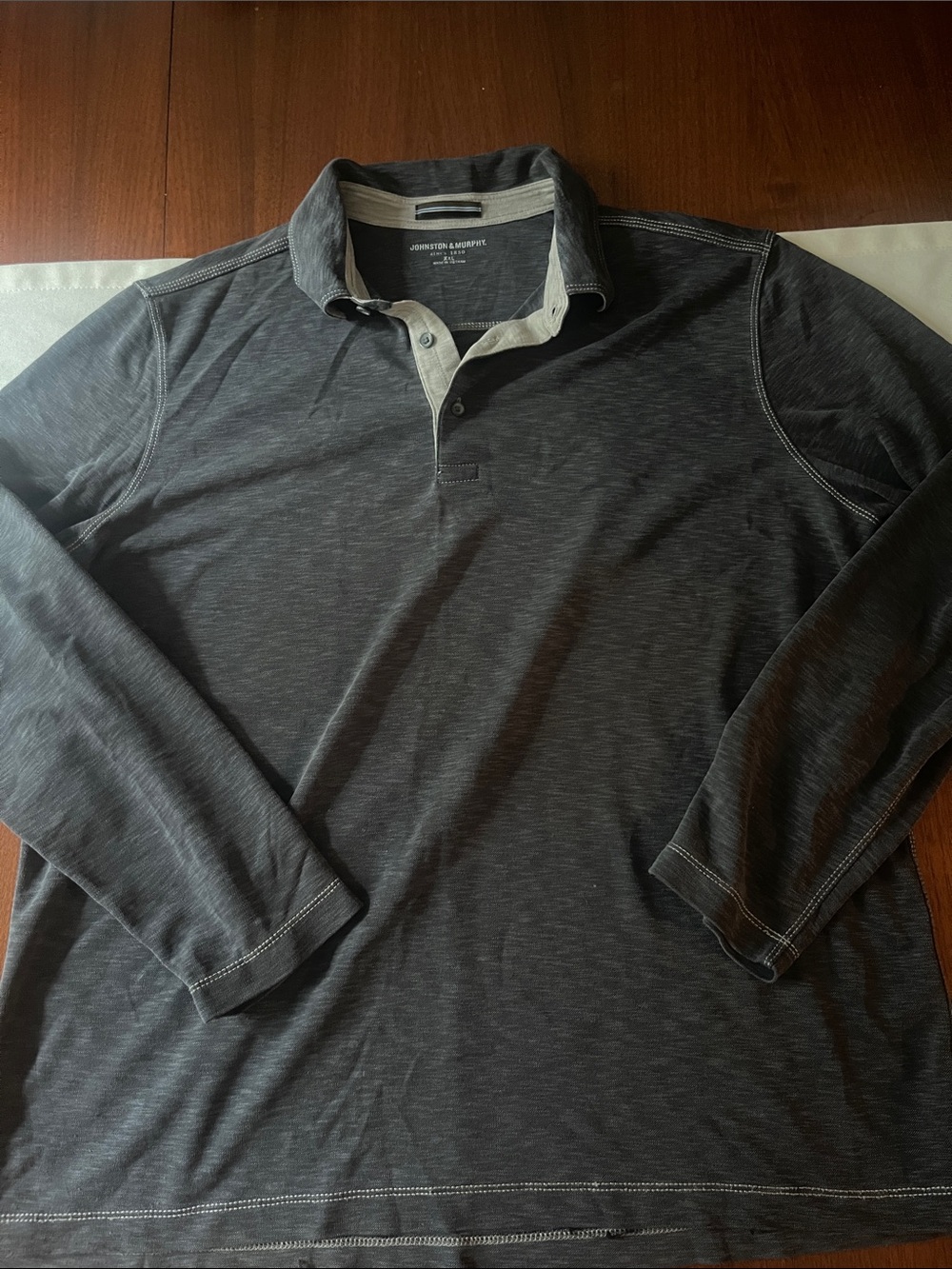 Johnston & Murphy Men's Charcoal Long-Sleeve Polo with Contrast Placket